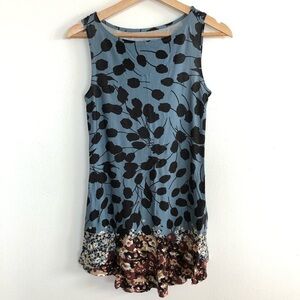 Logo blue floral leaf print contrast hem longline tank top